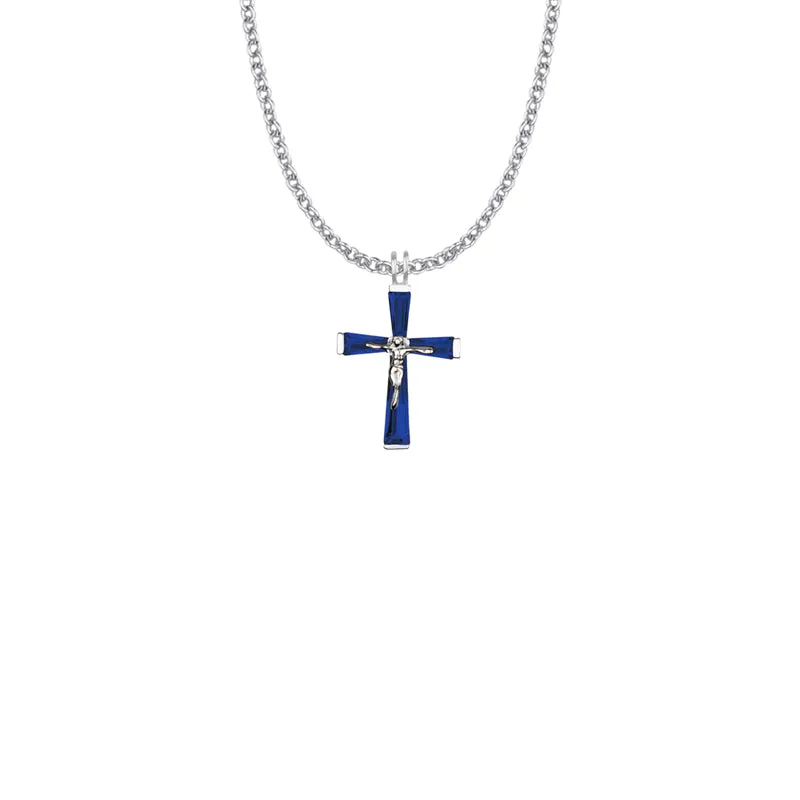 1 Inch Sterling Silver and Glass Crystal September Birthstone Baguette Crucifix Necklace