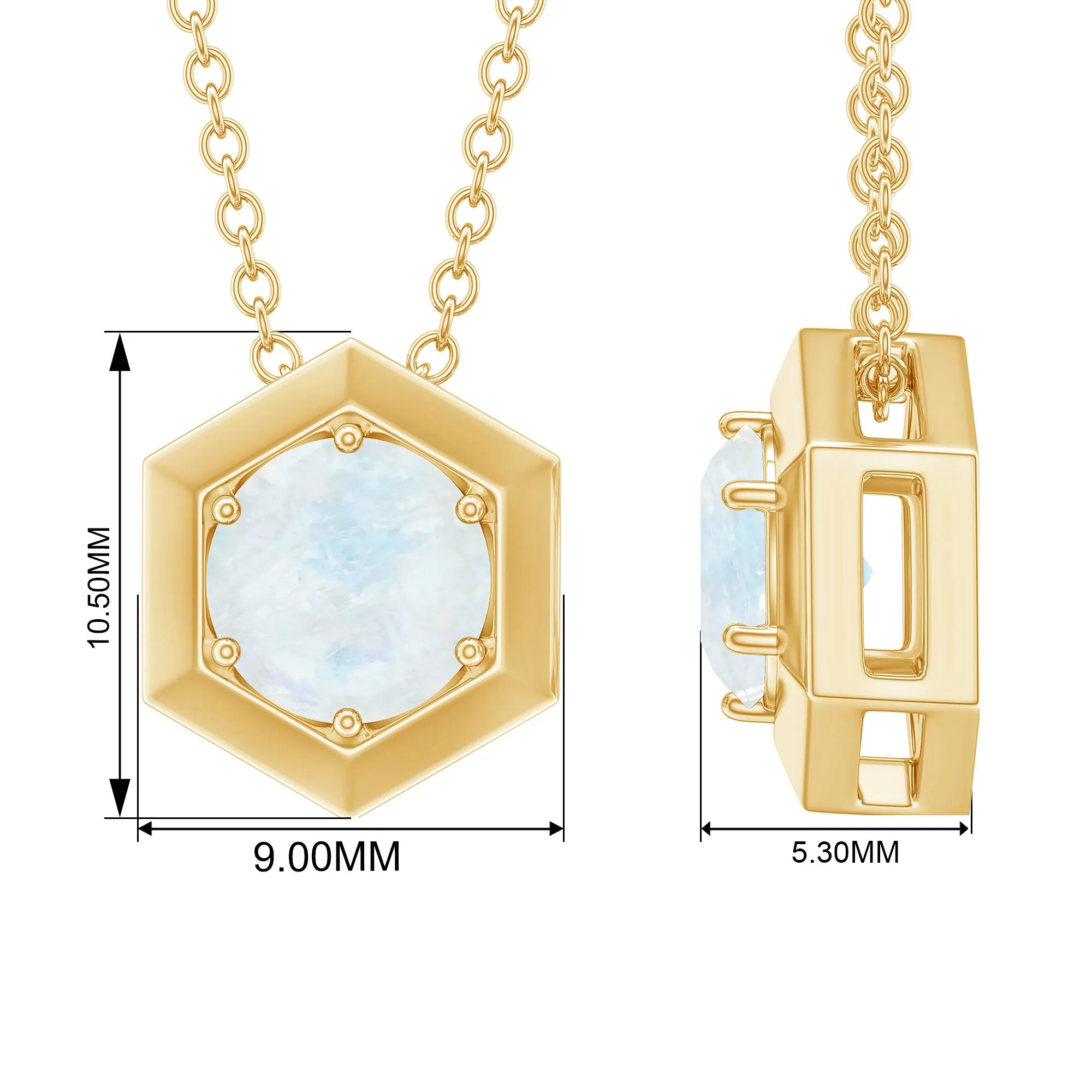 1/2 CT Moonstone Solitaire and Gold Hexagon Pendant Necklace