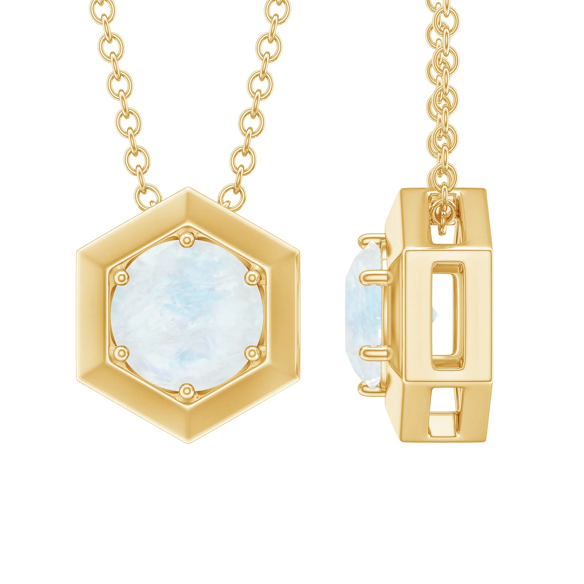 1/2 CT Moonstone Solitaire and Gold Hexagon Pendant Necklace
