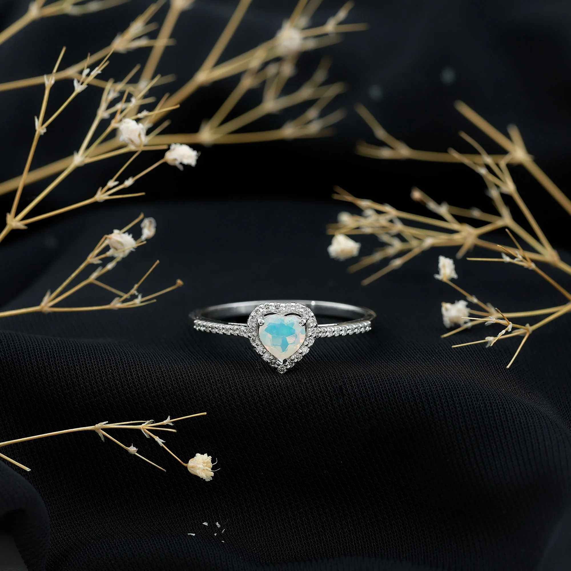 1.25 CT Heart Shape Ethiopian Opal Engagement Ring with Diamond Accent