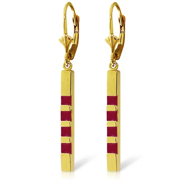 14K Solid Yellow Gold Leverback Earrings Bar w/ Natural Rubies