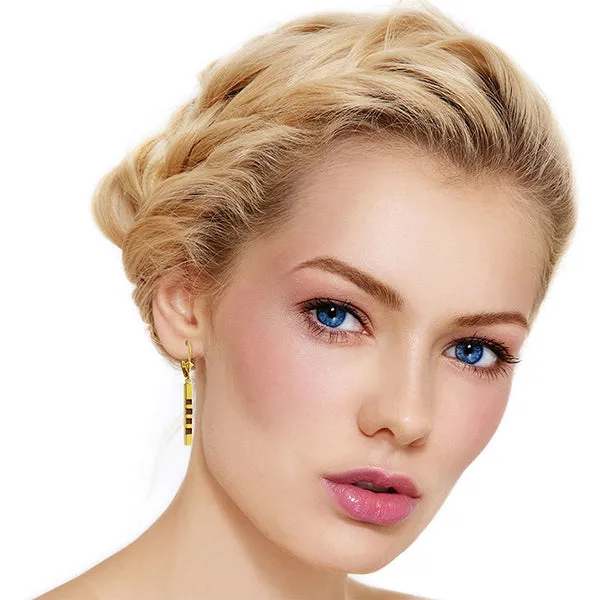 14K Solid Yellow Gold Leverback Earrings Bar w/ Natural Rubies