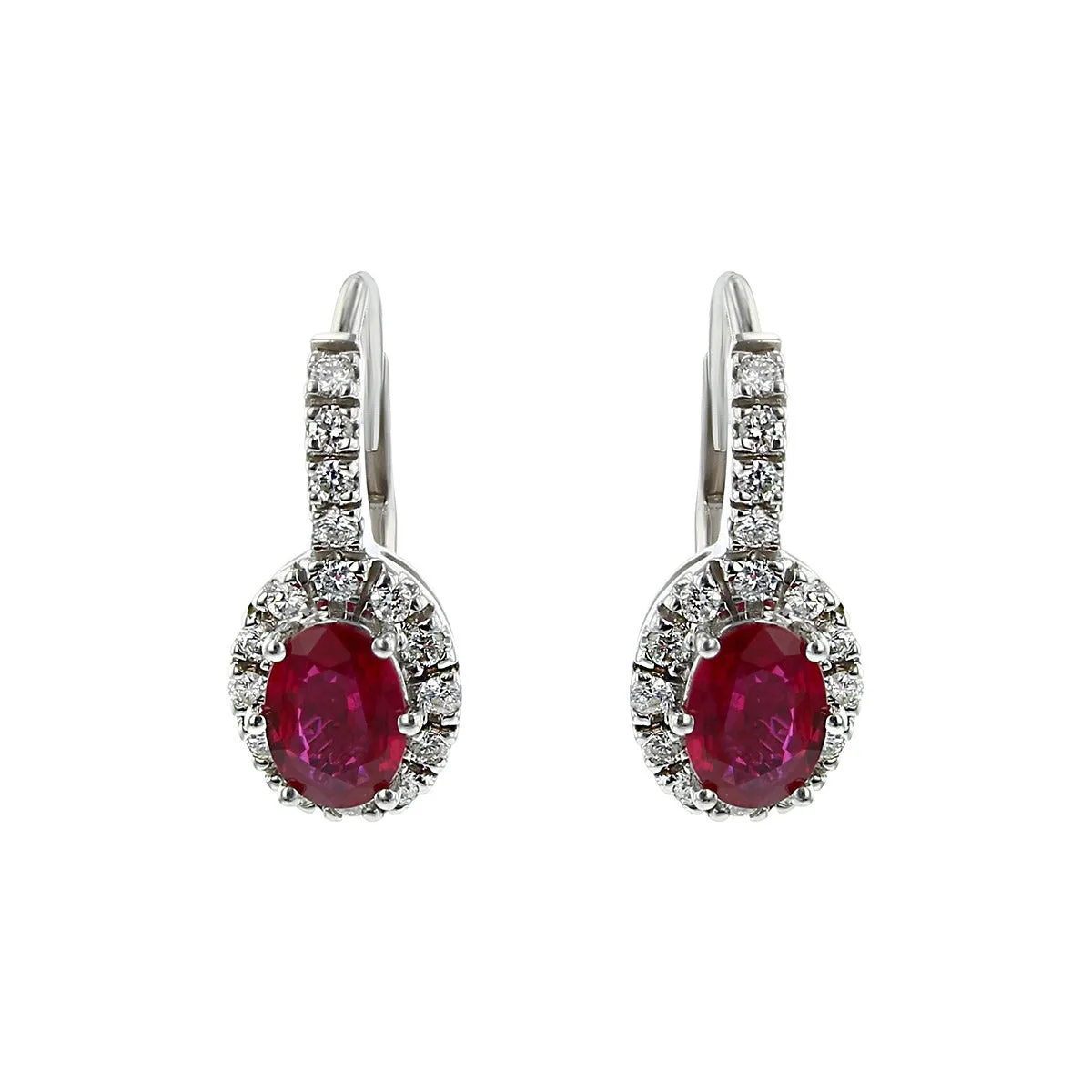 14K White Gold Ruby and Diamond Halo Drop Earrings