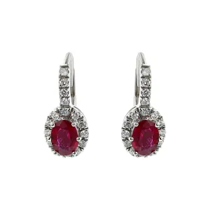 14K White Gold Ruby and Diamond Halo Drop Earrings