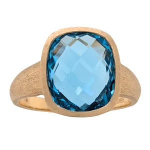 14K Yellow Gold Cushion Cut Blue Topaz Stone Finish Ring