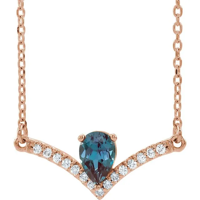 14KT GOLD .48CT LAB ALEXANDRITE & .08 CTW DIAMOND "V" BAR NECKLACE