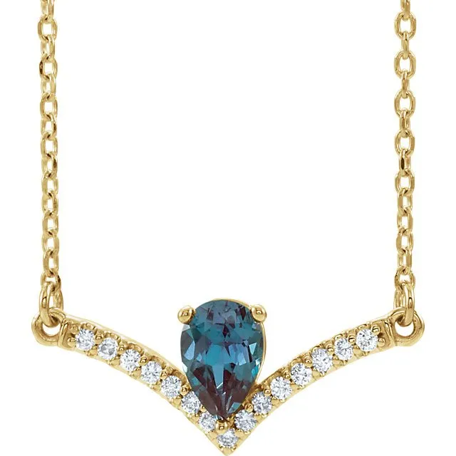 14KT GOLD .48CT LAB ALEXANDRITE & .08 CTW DIAMOND "V" BAR NECKLACE