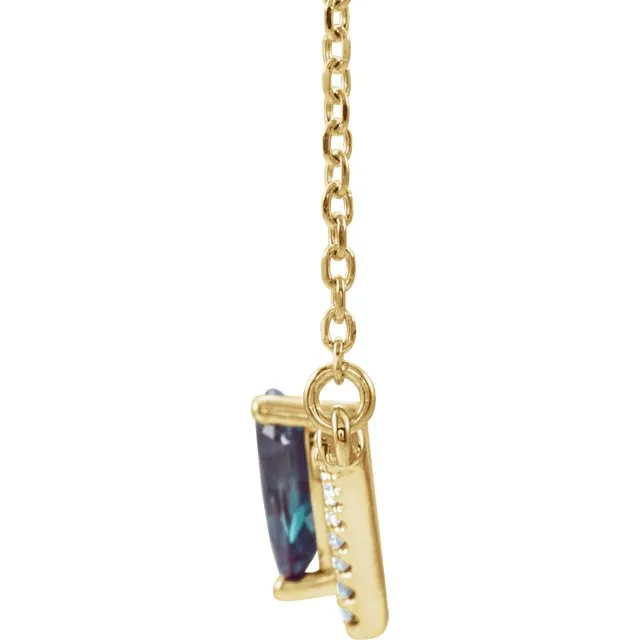 14KT GOLD .48CT LAB ALEXANDRITE & .08 CTW DIAMOND "V" BAR NECKLACE
