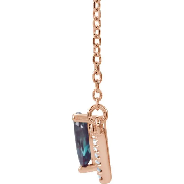 14KT GOLD .48CT LAB ALEXANDRITE & .08 CTW DIAMOND "V" BAR NECKLACE
