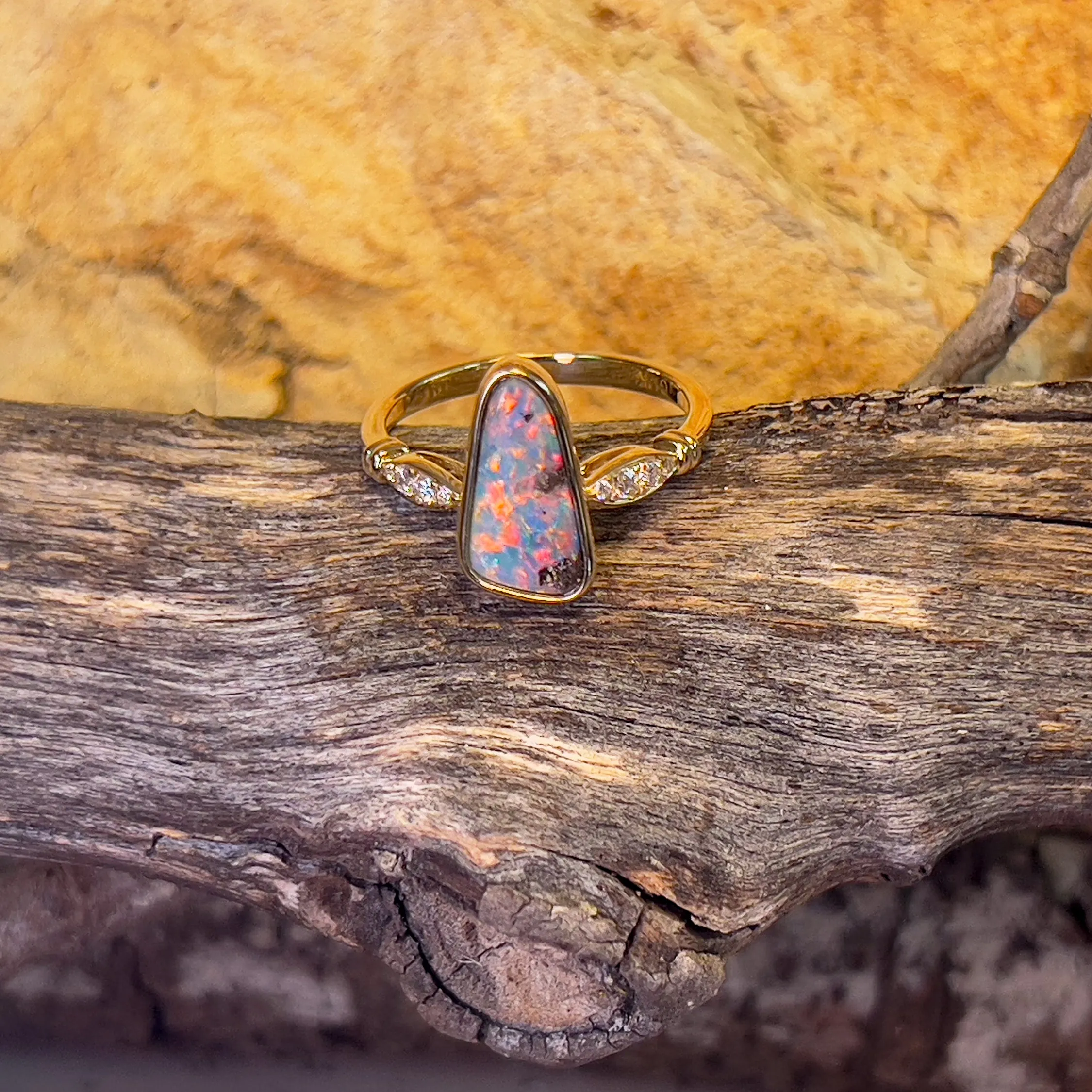 14kt Yellow Gold Boulder Opal triangle shape 1.68ct ring