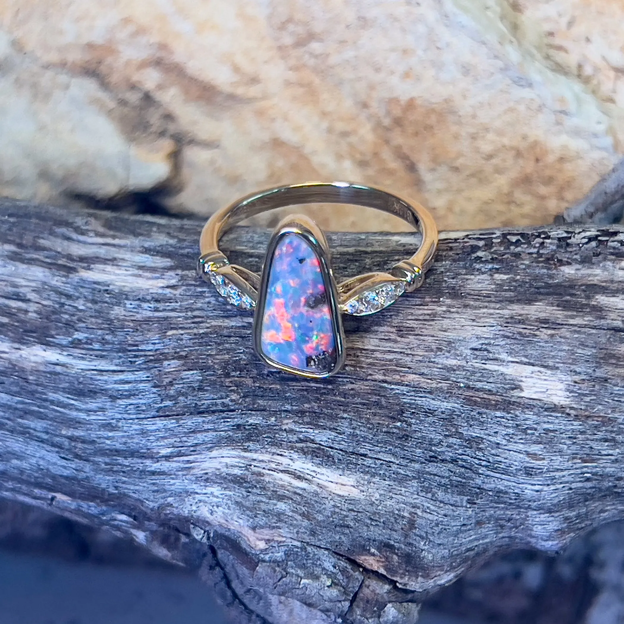14kt Yellow Gold Boulder Opal triangle shape 1.68ct ring