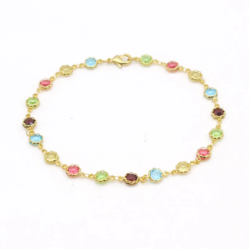 18K GOLD Filled High Polish Finsh MULTI COLOR FLOWER CRYSTAL ANKLE BRACELET