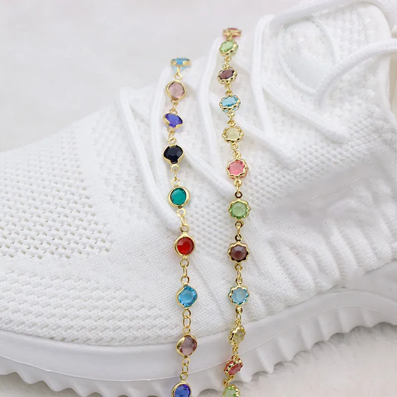 18K GOLD Filled High Polish Finsh MULTI COLOR FLOWER CRYSTAL ANKLE BRACELET
