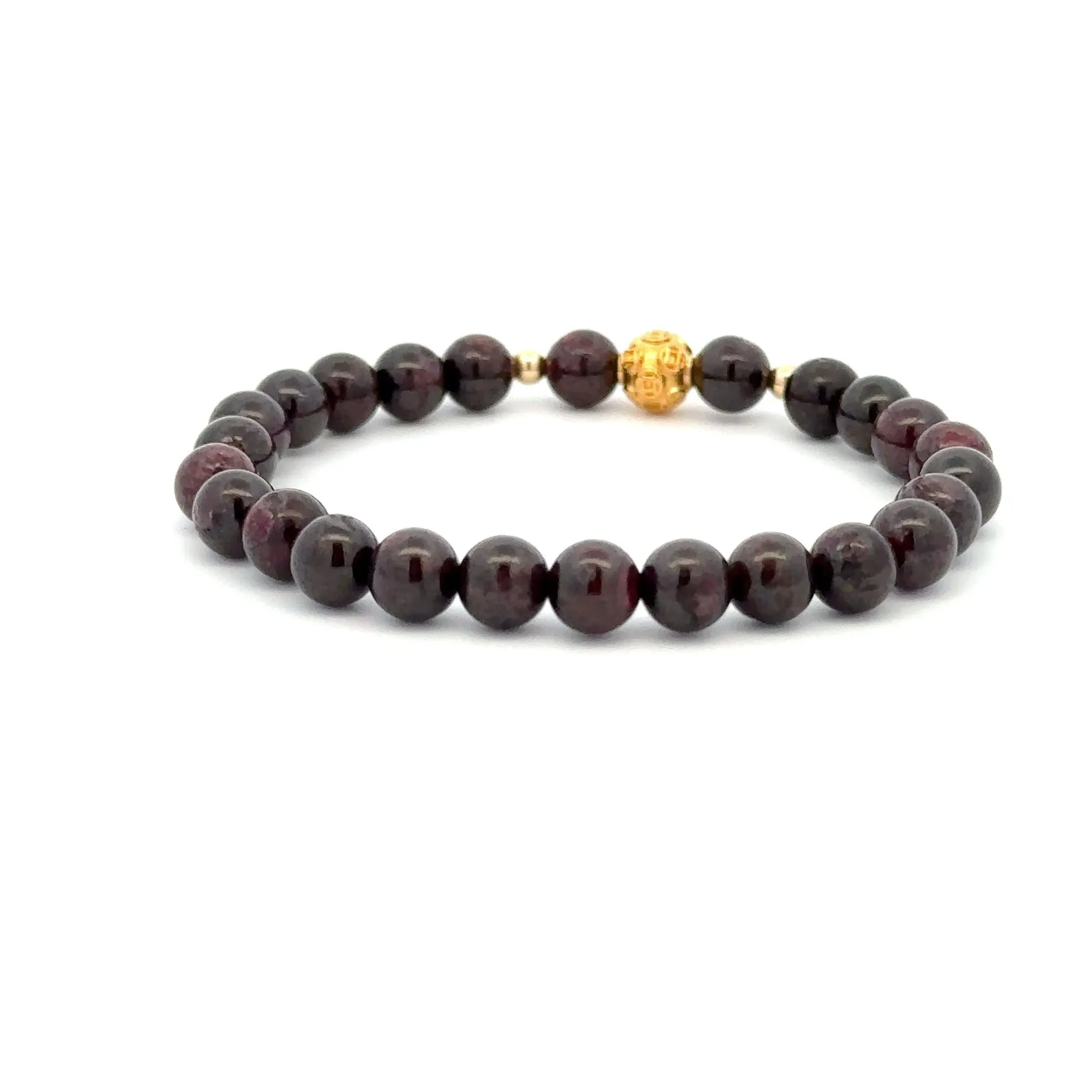 18K Gold Money Ball Lucky Charm Beads Bracelet Gemstones Garnet 6mm