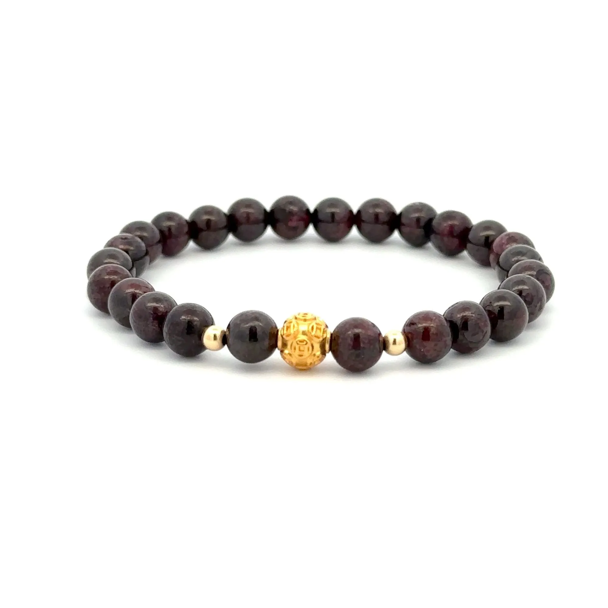 18K Gold Money Ball Lucky Charm Beads Bracelet Gemstones Garnet 6mm