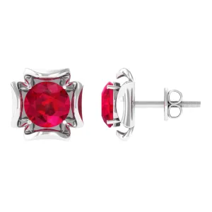 2 CT Created Ruby Floral Statement Earrings
