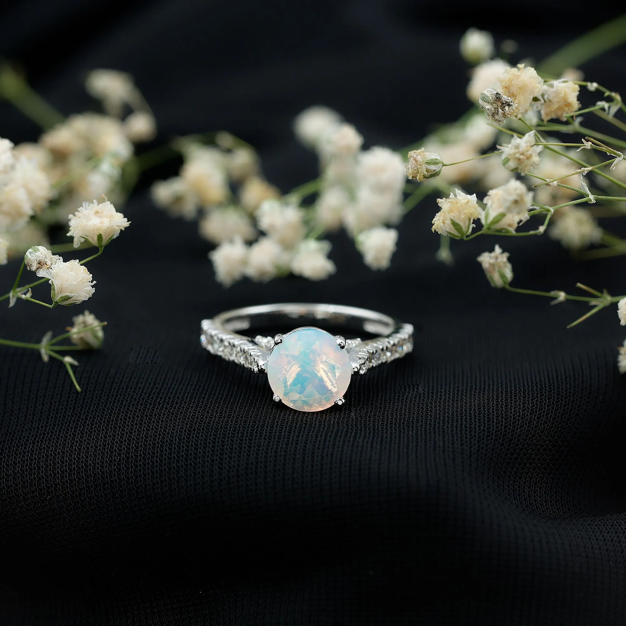 3 CT Ethiopian Opal Solitaire Engagement Ring with Diamond Side Stones