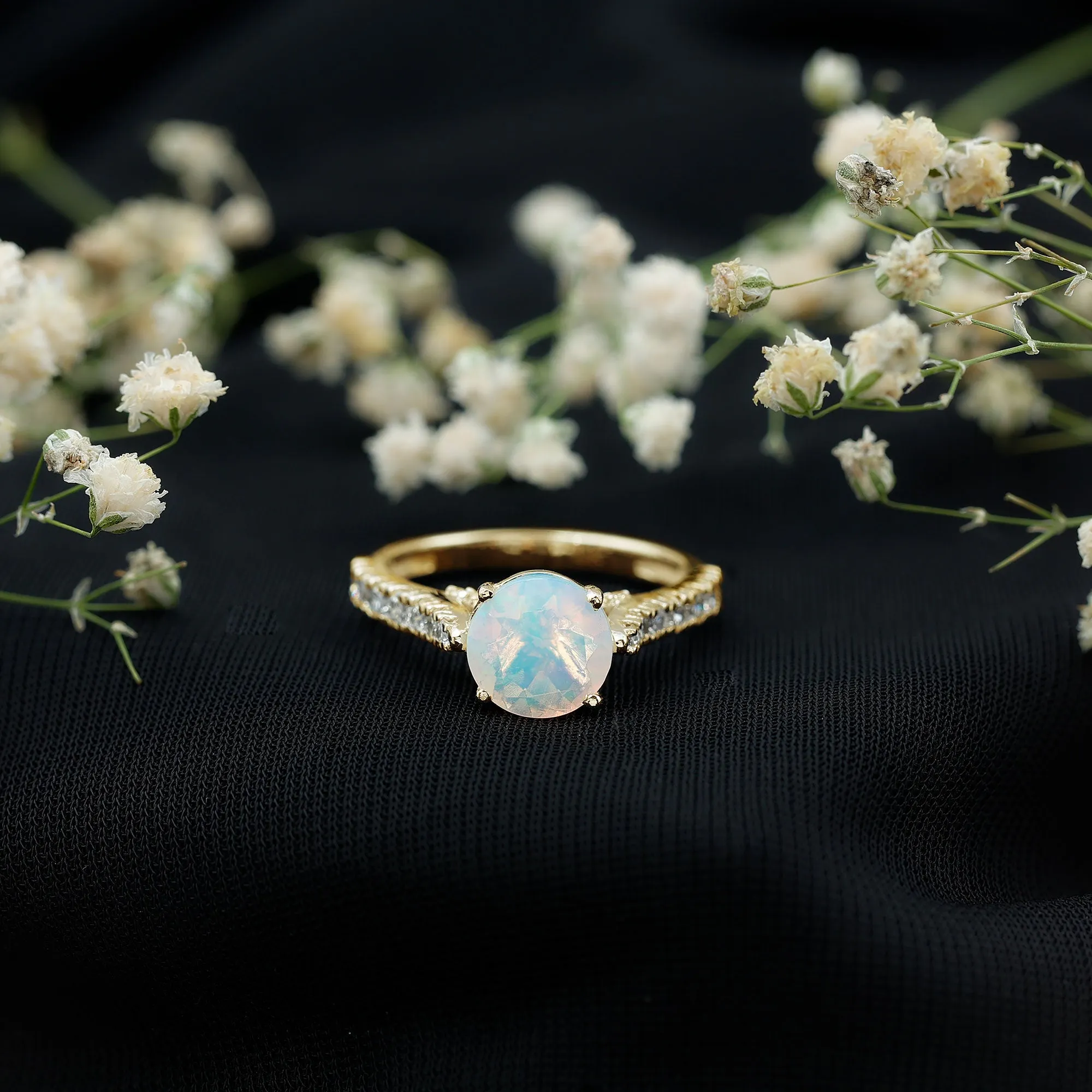 3 CT Ethiopian Opal Solitaire Engagement Ring with Diamond Side Stones