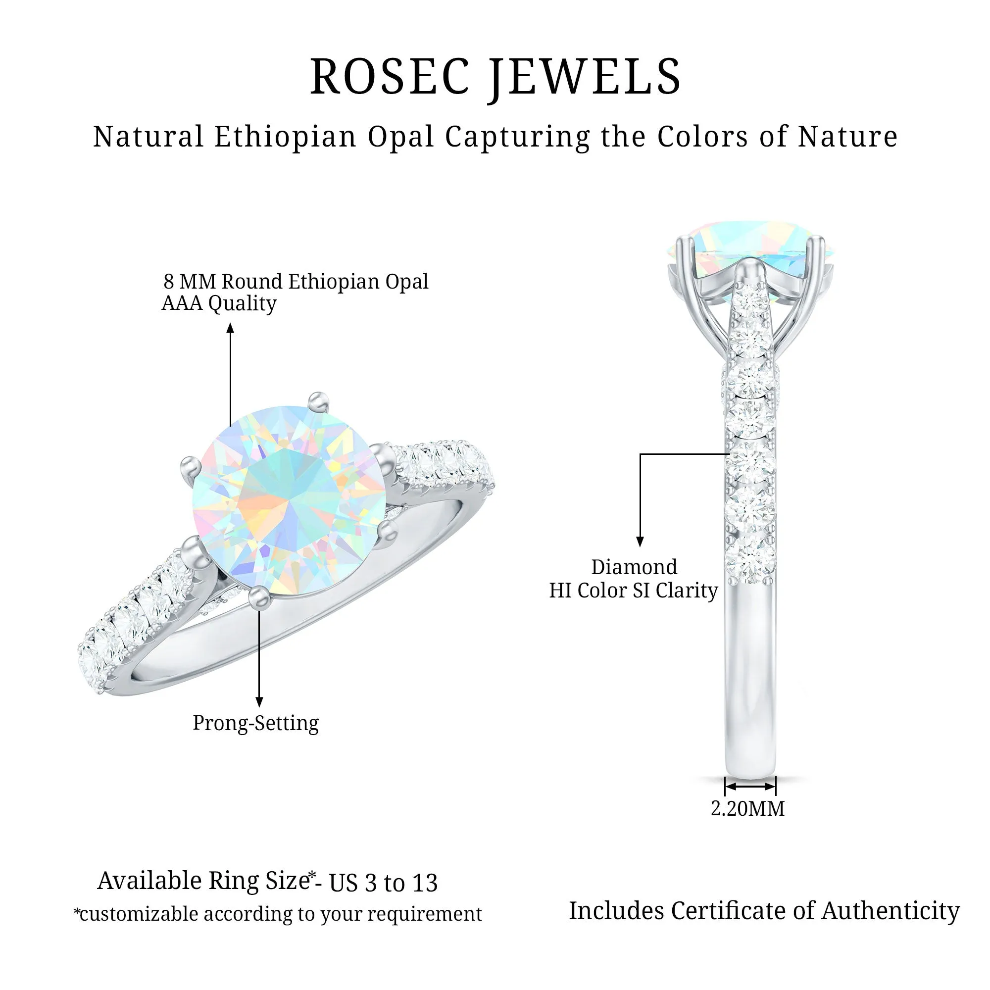 3 CT Ethiopian Opal Solitaire Engagement Ring with Diamond Side Stones