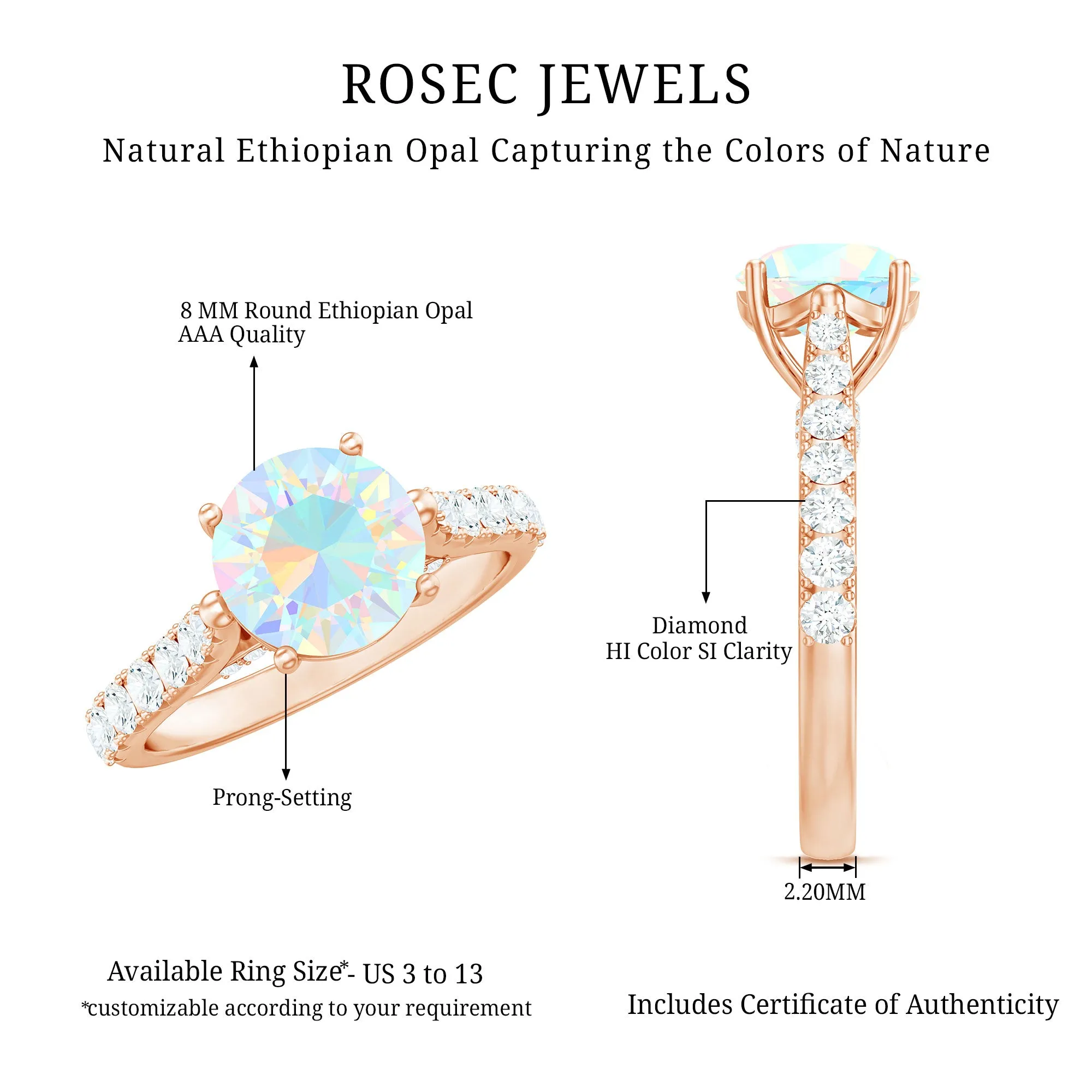 3 CT Ethiopian Opal Solitaire Engagement Ring with Diamond Side Stones