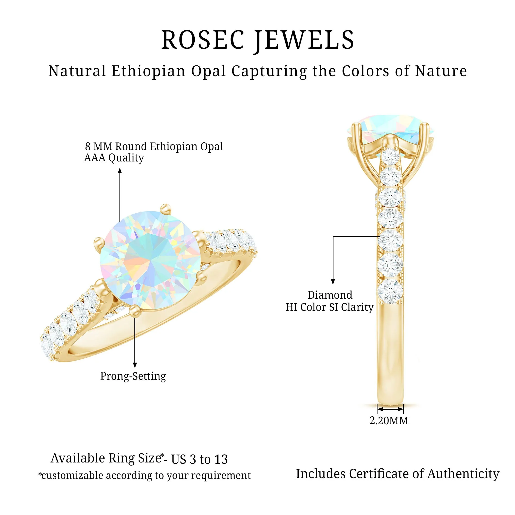 3 CT Ethiopian Opal Solitaire Engagement Ring with Diamond Side Stones