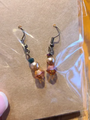 3-Tier Earrings with Green, Champagne Pearl, and Amber Crystal Beads