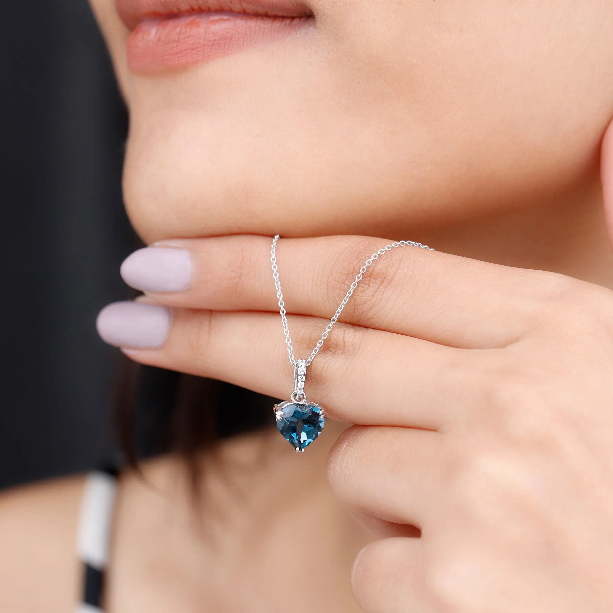 8 MM Heart Shape London Blue Topaz Pendant with Diamond
