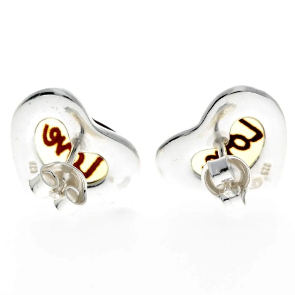 925 Sterling Silver & Baltic Amber Classic Heart Engraved Heart Studs Earrings - AC004