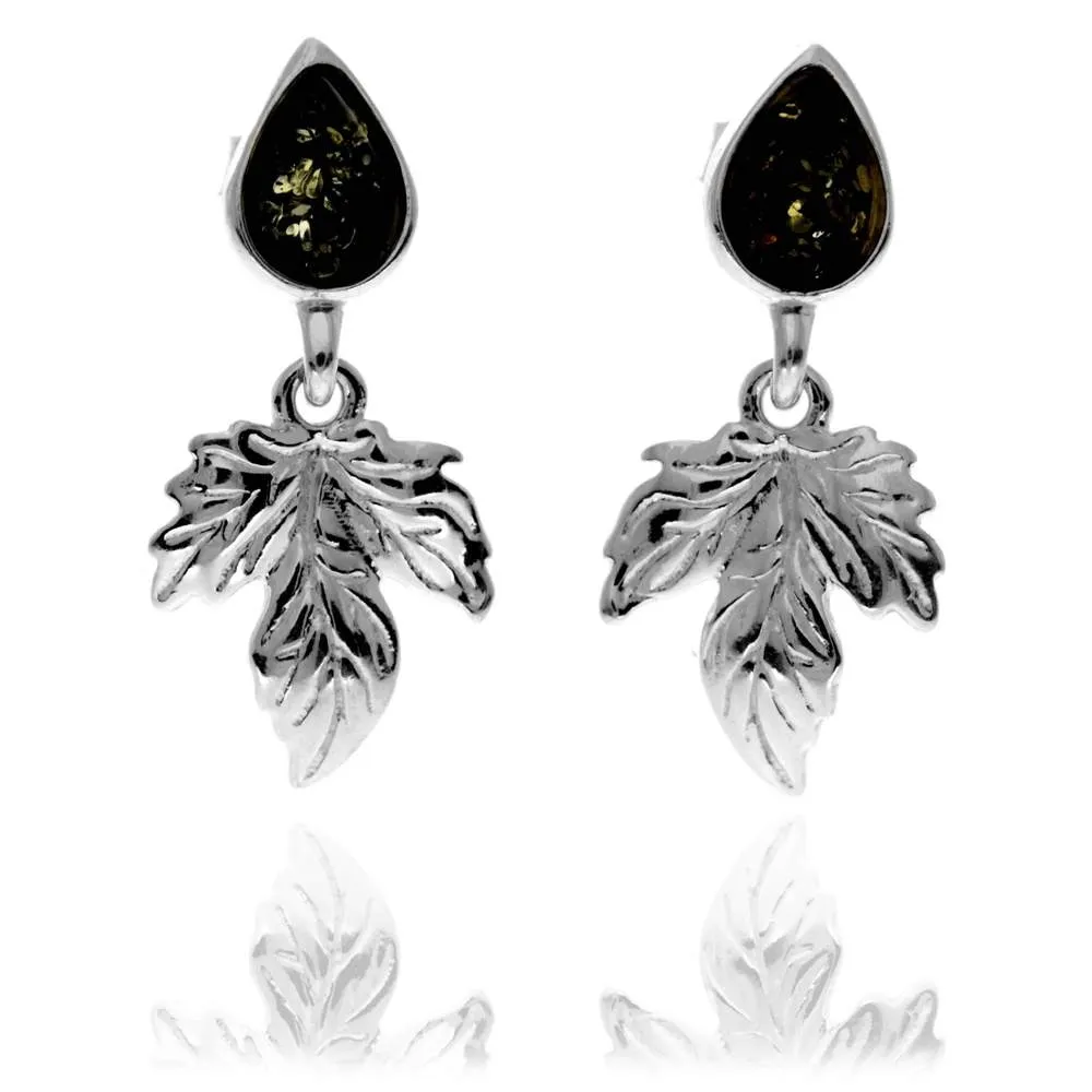 925 Sterling Silver & Teardrop Genuine Baltic Amber Modern Leaf Drop Earrings - GL1039