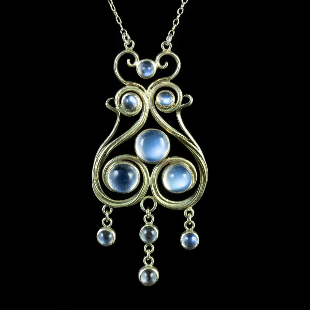 Antique Victorian Moonstone Pendant Necklace Silver Art Nouveau Circa 1900