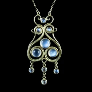 Antique Victorian Moonstone Pendant Necklace Silver Art Nouveau Circa 1900