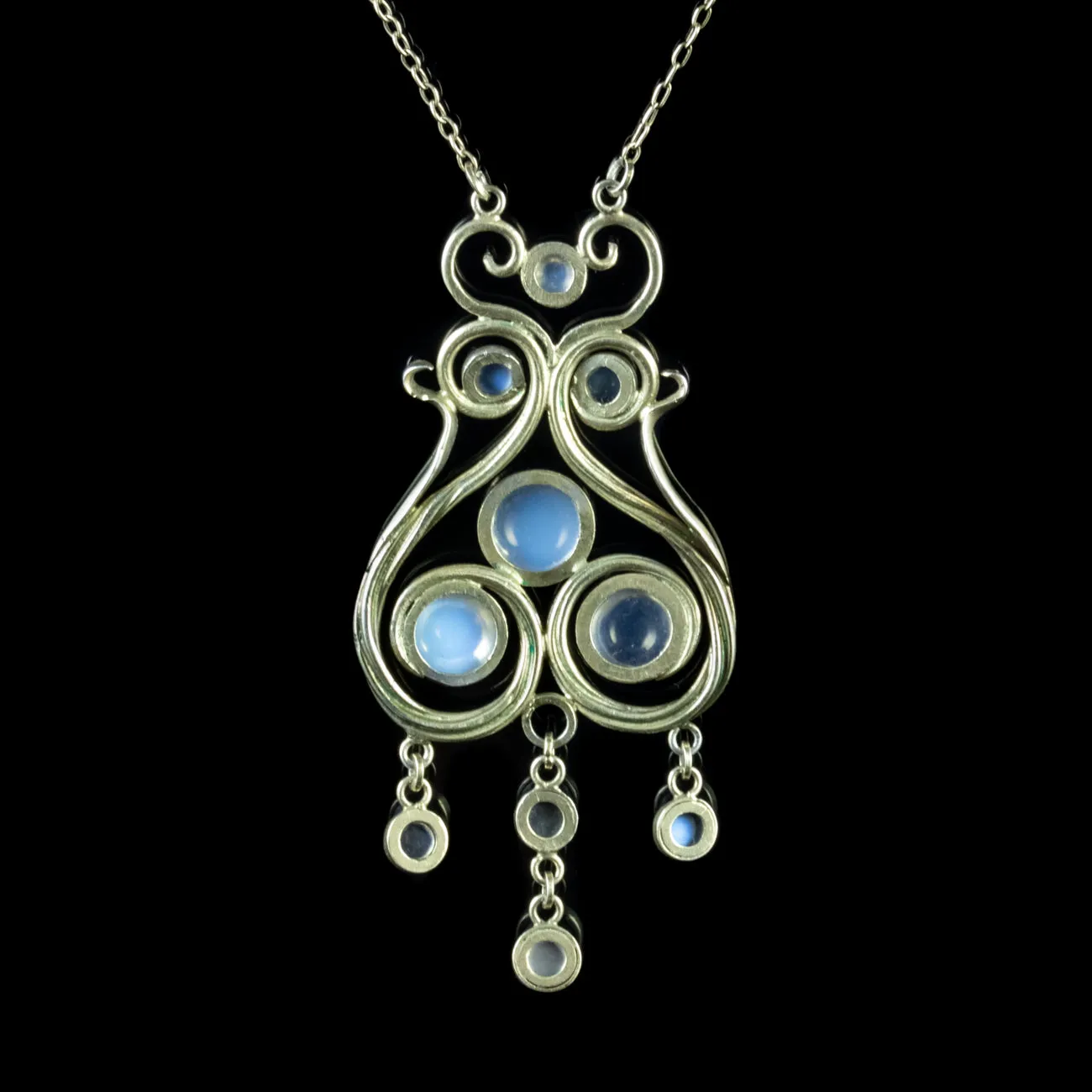 Antique Victorian Moonstone Pendant Necklace Silver Art Nouveau Circa 1900