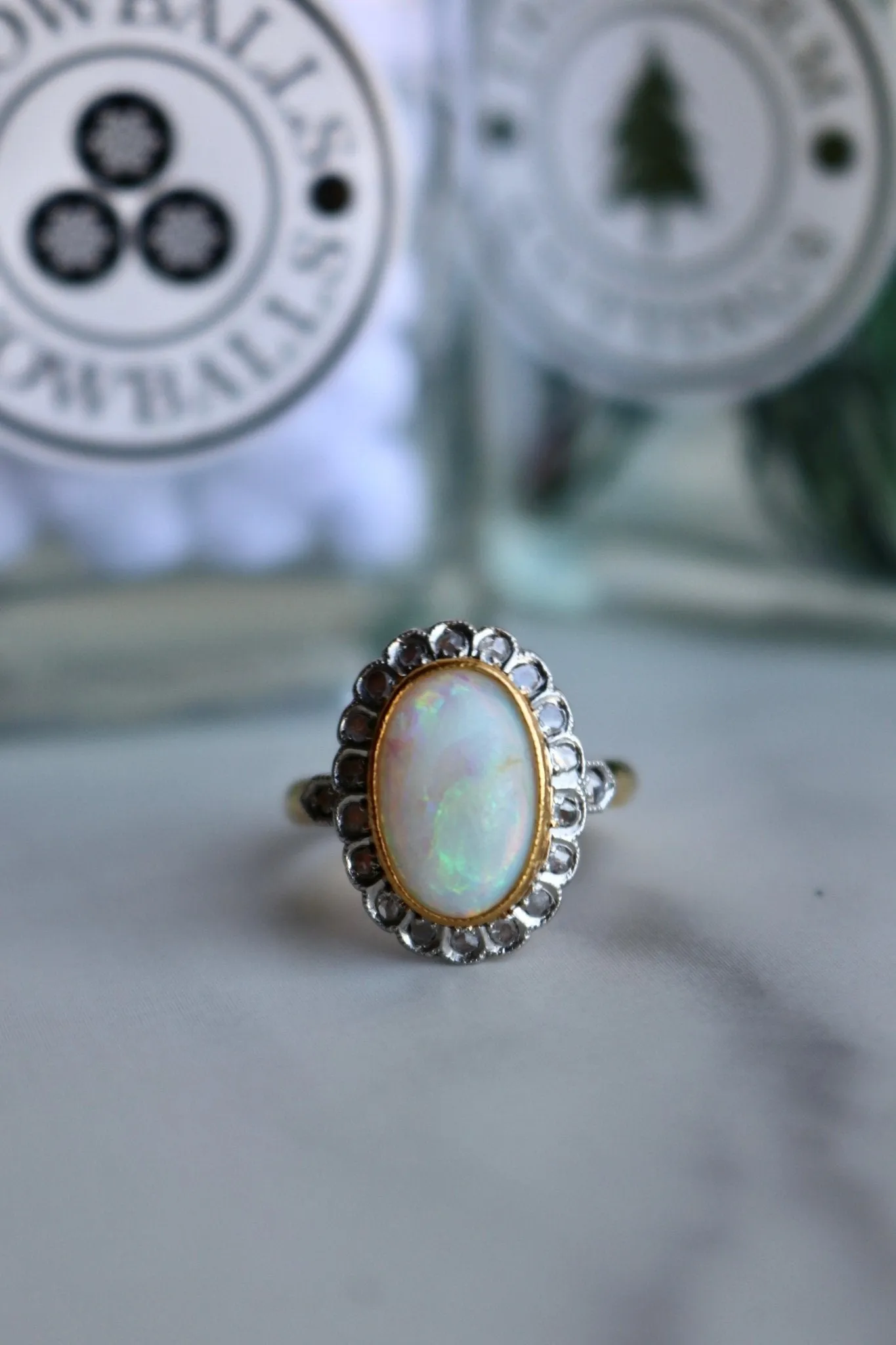 Belle Époque Opal and Diamond 18k Yellow Gold Platinum Cluster Ring