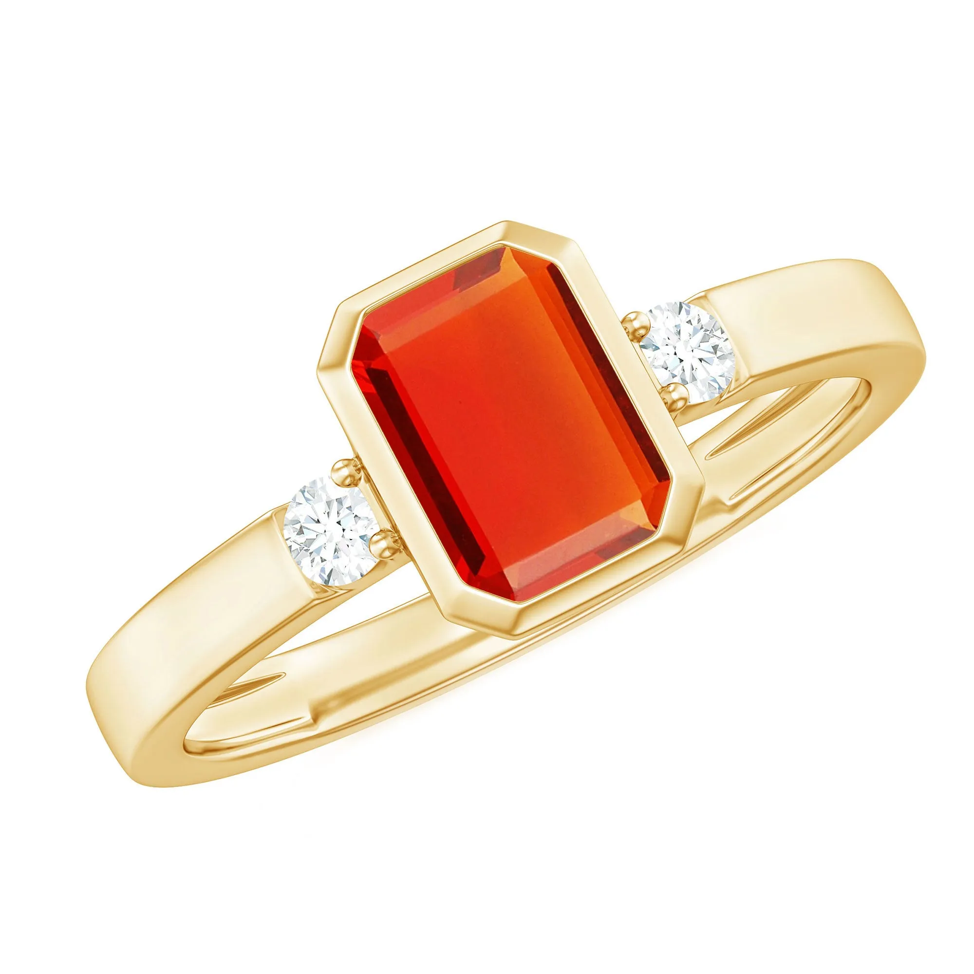 Bezel Set Octagon Cut Fire Opal Solitaire Ring with Diamond