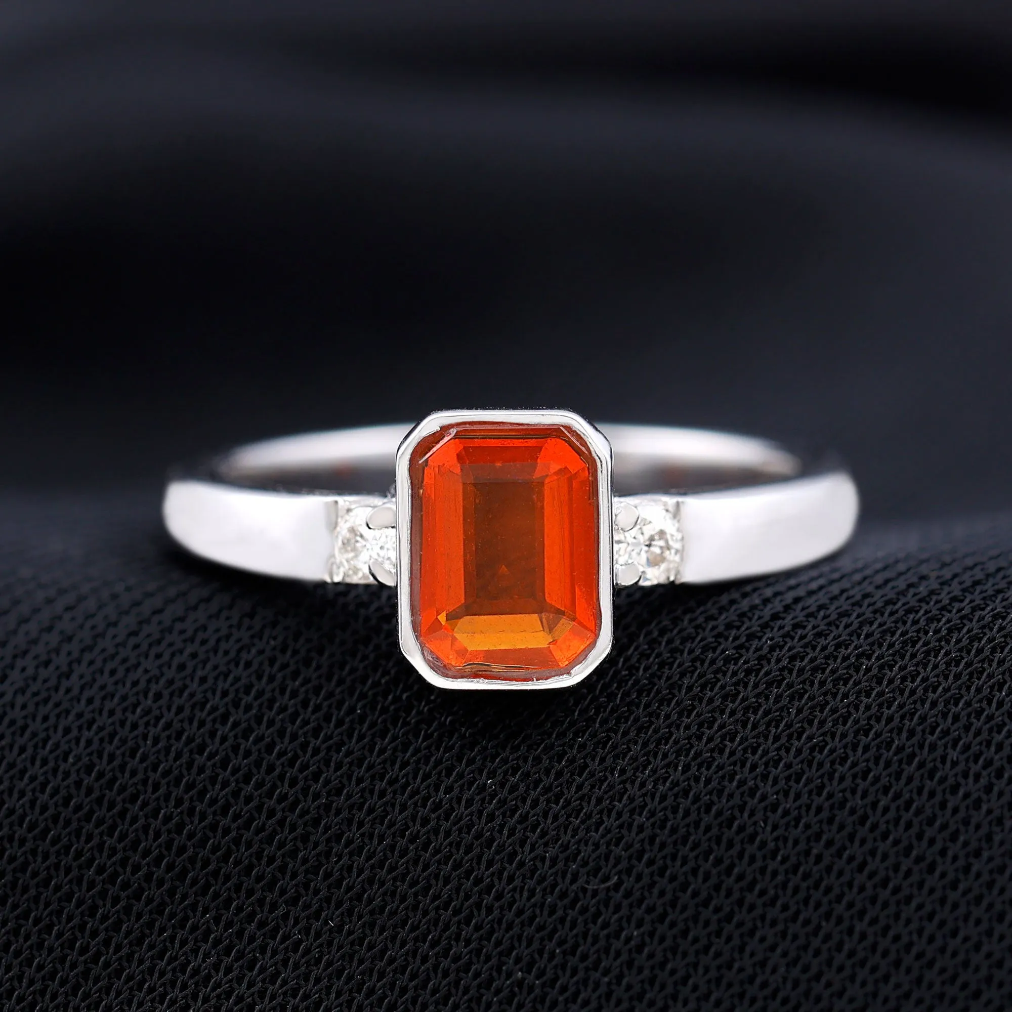 Bezel Set Octagon Cut Fire Opal Solitaire Ring with Diamond