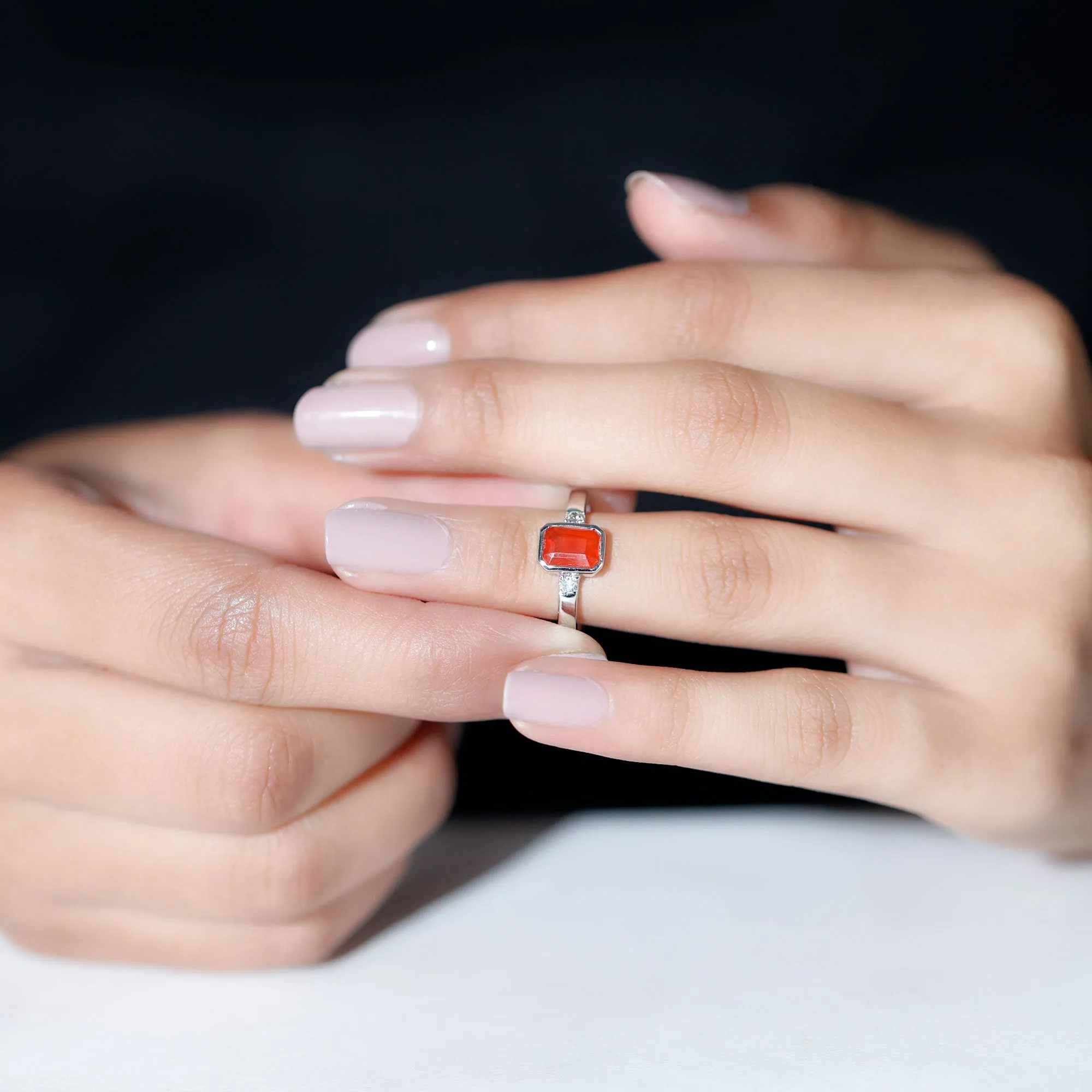 Bezel Set Octagon Cut Fire Opal Solitaire Ring with Diamond