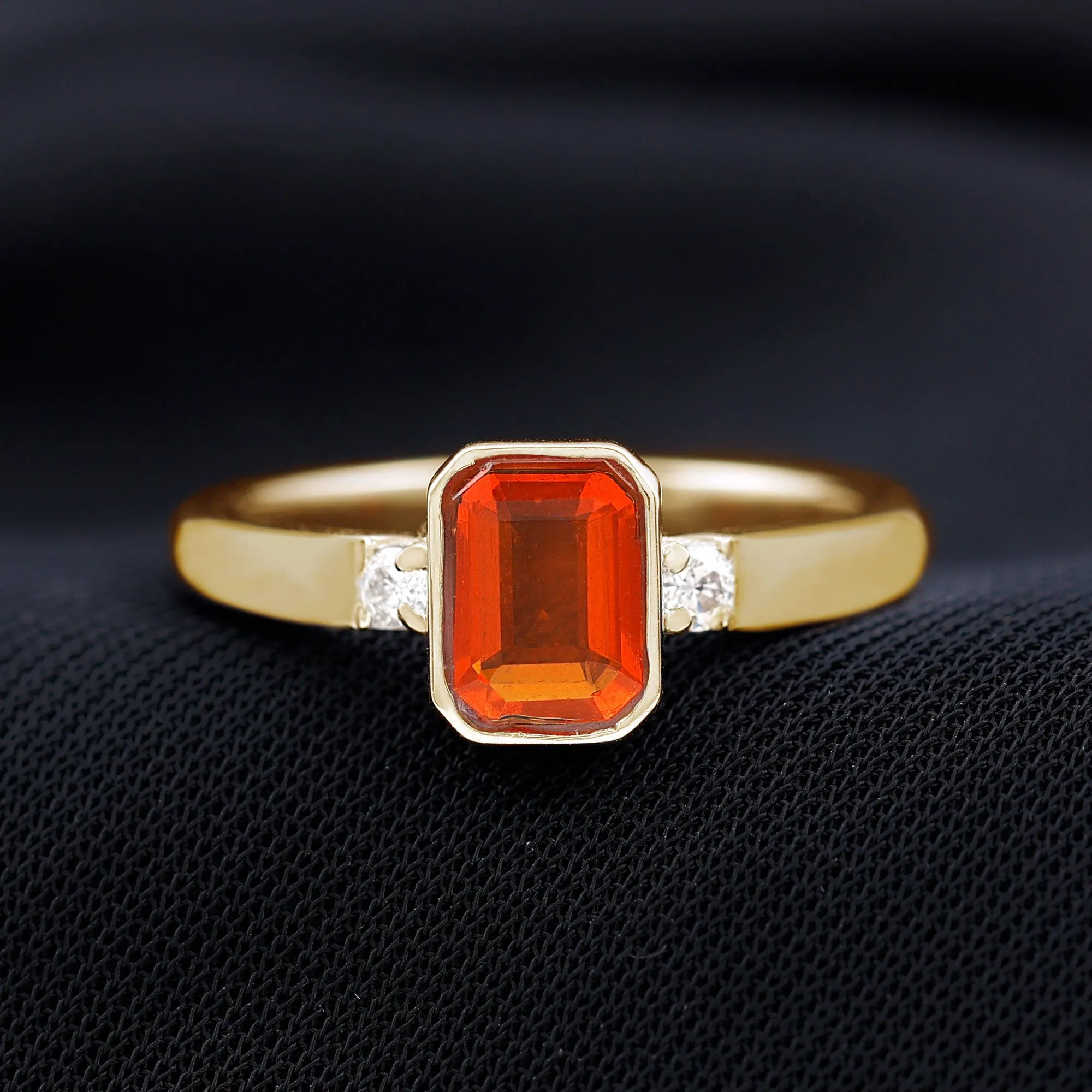 Bezel Set Octagon Cut Fire Opal Solitaire Ring with Diamond