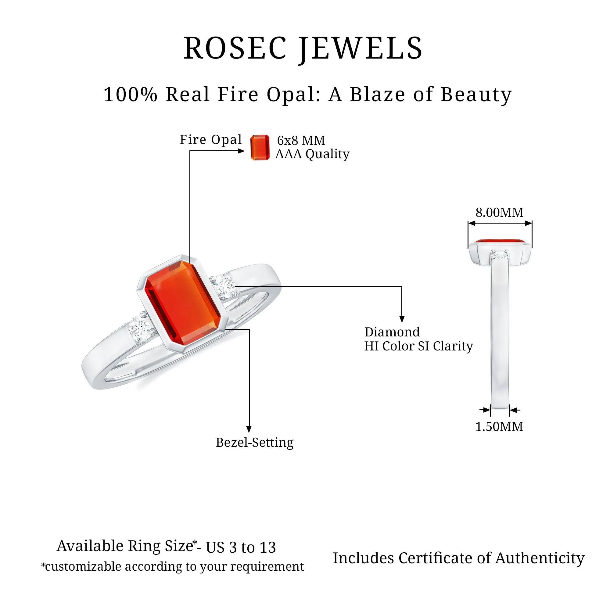 Bezel Set Octagon Cut Fire Opal Solitaire Ring with Diamond