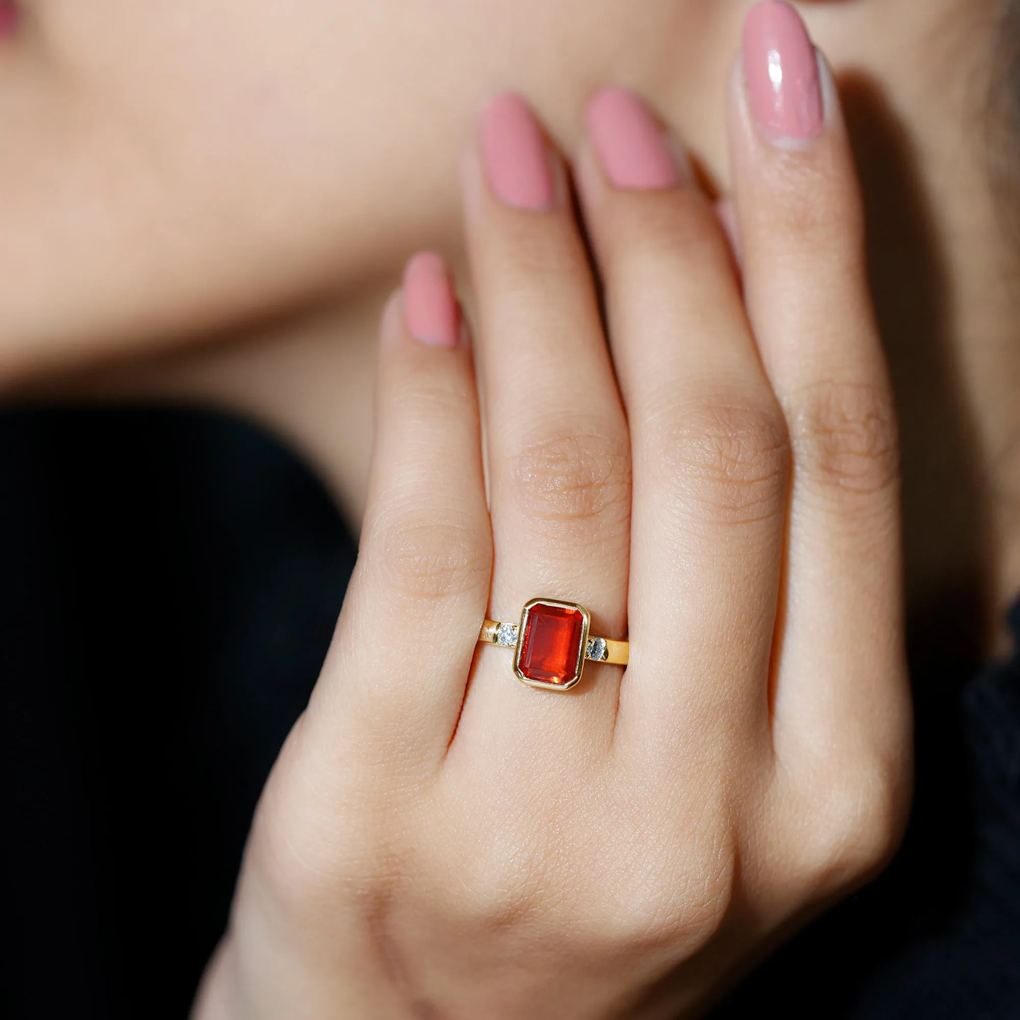 Bezel Set Octagon Cut Fire Opal Solitaire Ring with Diamond
