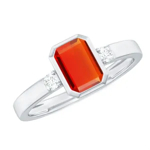 Bezel Set Octagon Cut Fire Opal Solitaire Ring with Diamond