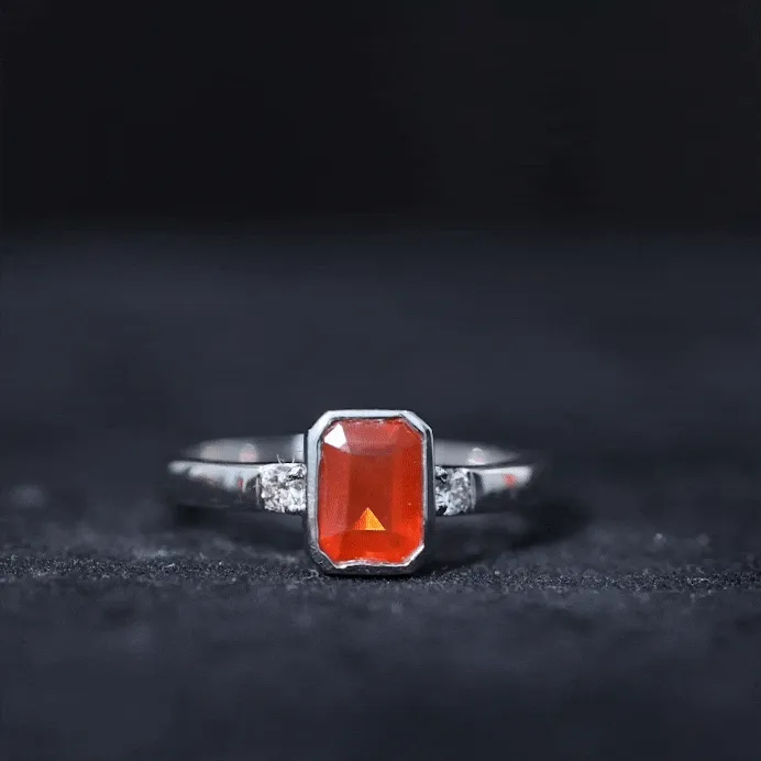 Bezel Set Octagon Cut Fire Opal Solitaire Ring with Diamond