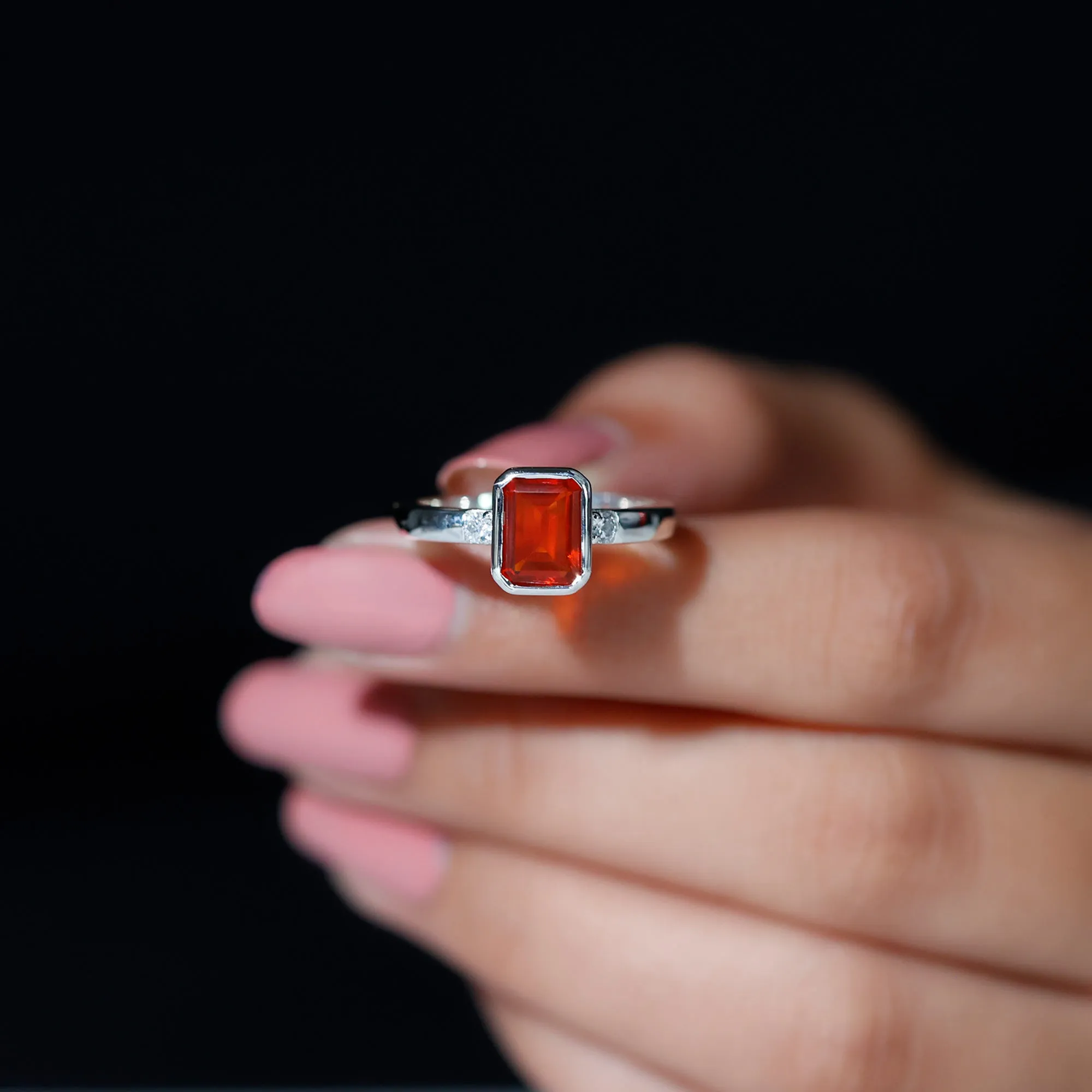 Bezel Set Octagon Cut Fire Opal Solitaire Ring with Diamond