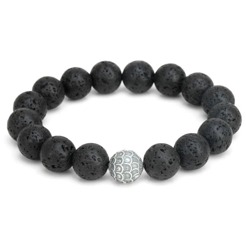 Black Lava Stone Thai Silver Feather Bracelet