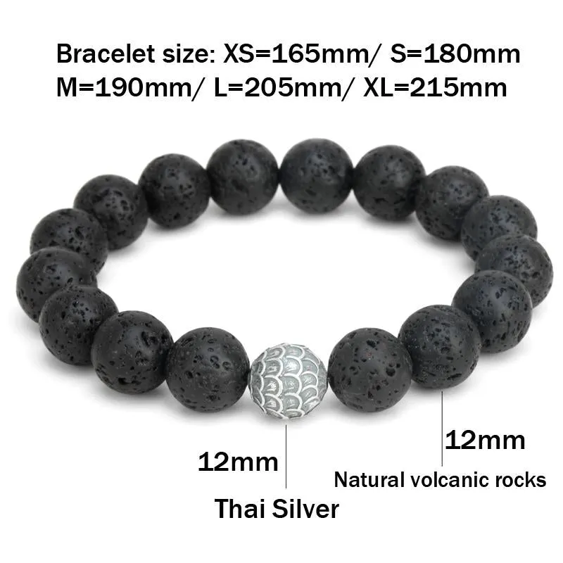 Black Lava Stone Thai Silver Feather Bracelet