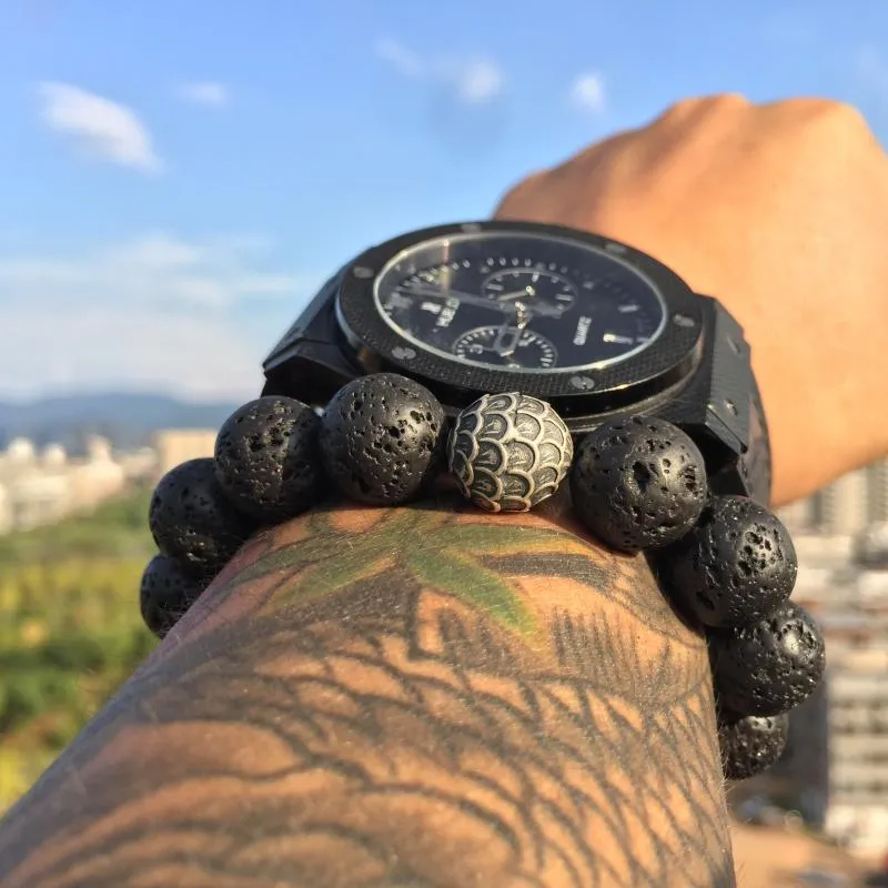 Black Lava Stone Thai Silver Feather Bracelet