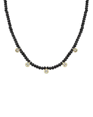 Black Spinel Gemstone & Five diamonds Necklace - 14K Yellow Gold