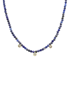 Blue Lapis Gemstone & Three diamonds Necklace - 14K Yellow Gold