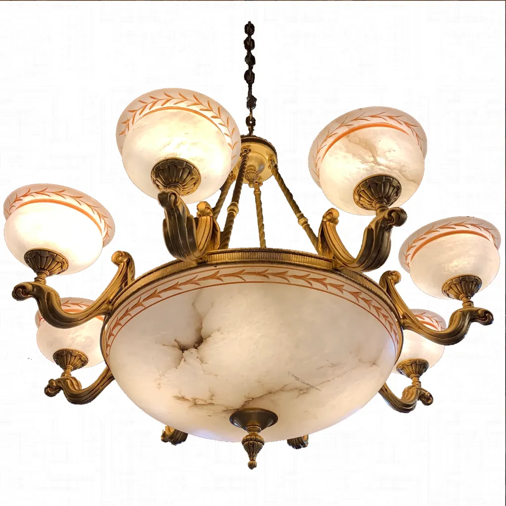 Chandelier, Alabaster Stone, Gold-plated , Eight Arm