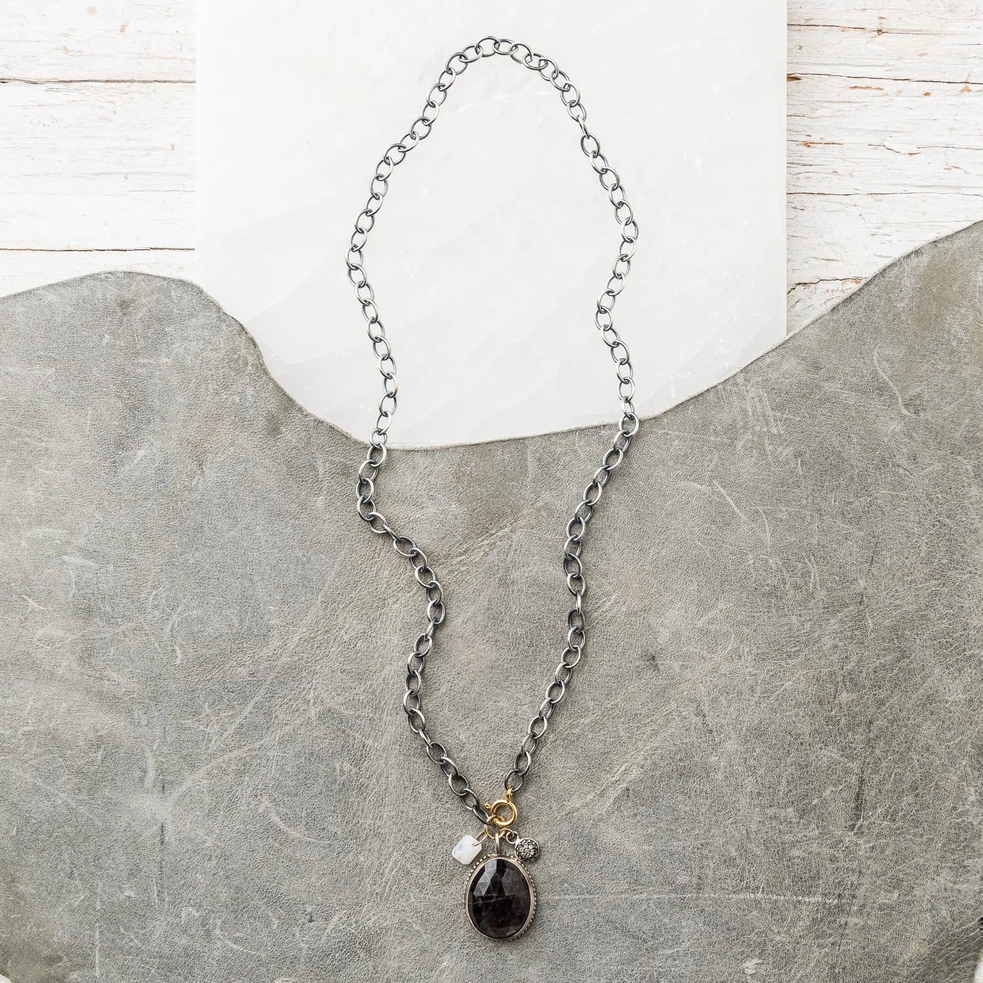 Chocolate Sapphire Necklace with Pave Diamond Charm