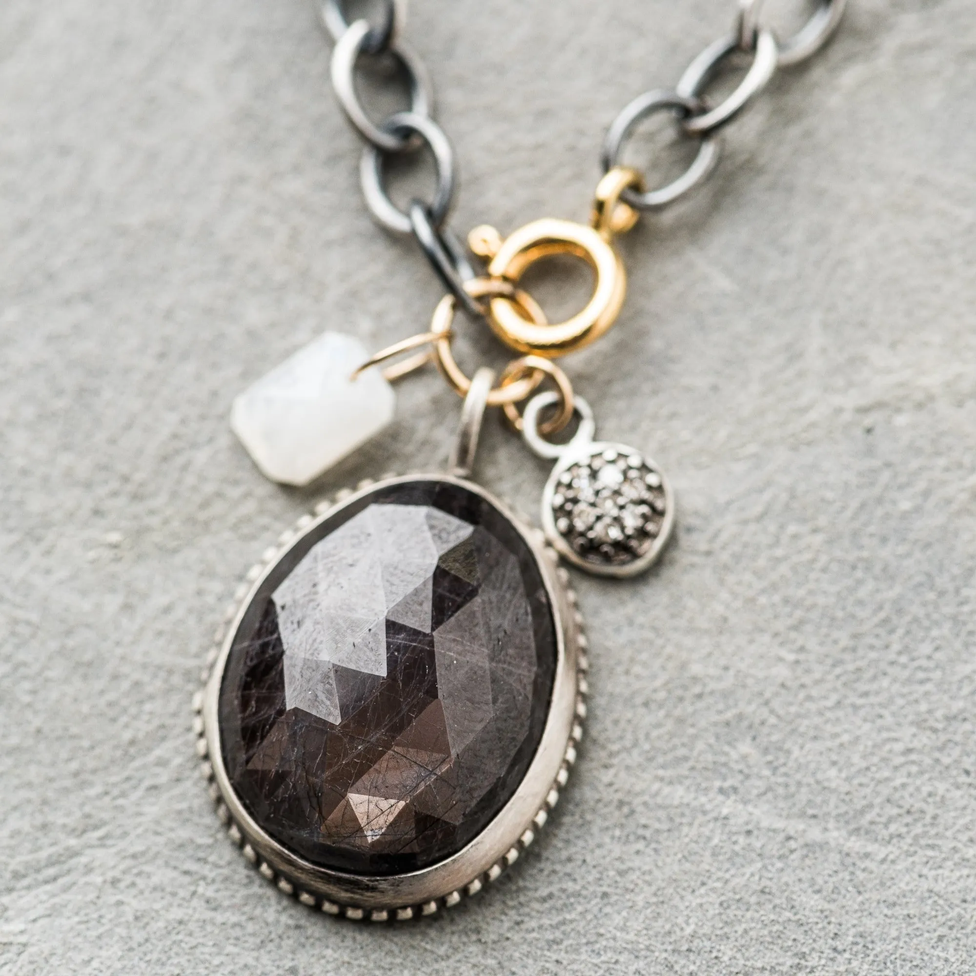 Chocolate Sapphire Necklace with Pave Diamond Charm